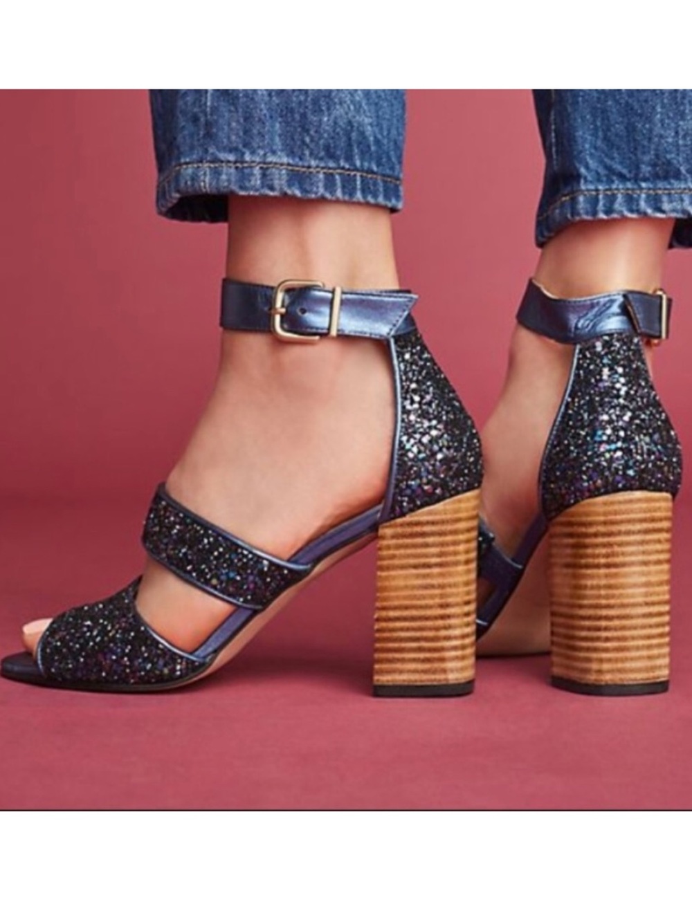 Anthropologie Glitter Blue Block Heel Sandal Size 40 New